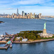 Aerial View Of The Statue Liberty Island In Front Of Manhattan Skyline. New York. Usa Art Print