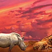 African Animals Sunset Panorama Art Print