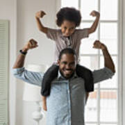 African Ethnicity Little Son Sitting On Fathers Shoulders Showing Biceps Art Print