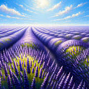 An Endless Field Of Lavender Under A Bright Clear Blue Sky Art Print