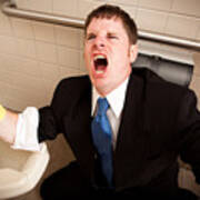 Angry, Screaming Businessman Cleaning The Restroom Toilet Art Print