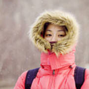 Asian Girl In Snowing Day Art Print