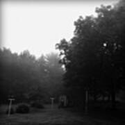Backyard Morning Fog - Black And White Art Print