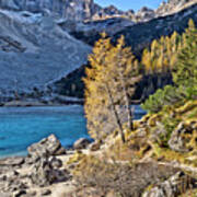 Beautiful High Altitude Mountain Lake Sorapiss Covered With Ice Autumn Octoberdolimites North Italy Art Print