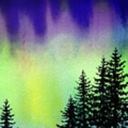 Beautiful Northern Aurora Borealis Lights With Forest Silhouette Watercolor Painting I Art Print