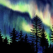 Beautiful Northern Aurora Borealis Lights With Forest Silhouette Watercolor Painting Vi Art Print