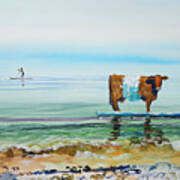 Belted Galloway Cow On Paddleboard At Seaside Surreal Painting Art Print