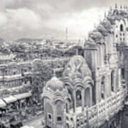 Black And White - Panorama From Palace Of Winds Jaipur Rajasthan India Art Print