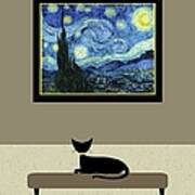 Black Cat Admires Starry Night Painting Art Print