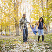 Black Family Playing In Autumn Leaves Art Print