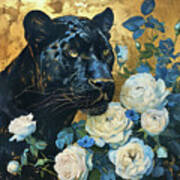Black Panther In Roses Art Print