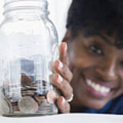 Black Woman Saving Coins In Jar Art Print