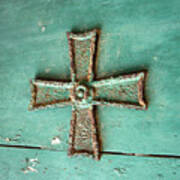 Blue Iron Cross On Wood In Square Art Print