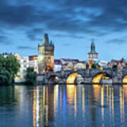 Blue Prague, Charles Bridge At Night Art Print