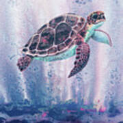 Blue Sea Giant Turtle Watercolor Art Print