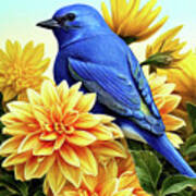 Bluebird In The Yellow Peonies Art Print