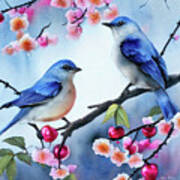 Bluebirds In The Cherry Tree Art Print