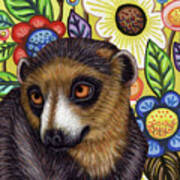 Brown Lemur Floral Art Print