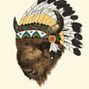 Buffalo With Indian Headdress In Color Art Print
