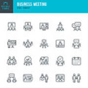 Business Meeting - Thin Line Vector Icon Set. Pixel Perfect. The Set Contains Icons: Business Meeting, Web Conference, Teamwork, Presentation, Speaker, Distant Work. Art Print