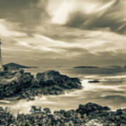 Cape Elizabeth Maine Lighthouse Sepia Panorama - Portland Head Light Art Print