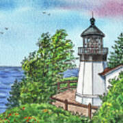 Cape Meares Lighthouse Oregon State Pacific Ocean Shore Watercolor Art Print
