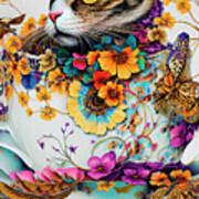 Cat In A Cup Ginette In Wonderland Digital Art Art Print
