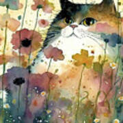 Cat In A Flower Field 5 Art Print