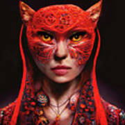 Cat Woman Warrior Wearing Red Art Print