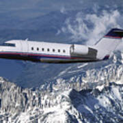 Challenger Corporate Jet Over Snowcapped Mountains Art Print