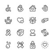 Charity And Donation Line Icons. Editable Stroke. Pixel Perfect. For Mobile And Web. Contains Such Icons As Charity, Donation, Disability, Giving, Blood Donation, Teamwork. Art Print