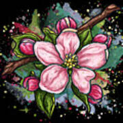 Cherry Blossom Painting On Black Background, Pink Flower Art Art Print