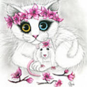 Cherry Blossoms - White Cat And Rat Chinese New Year Art Print