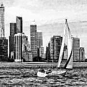 Chicago Il - Sailboat Against Chicago Skyline Black And White Art Print