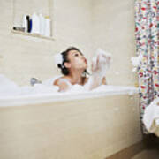Chinese Woman Playing In Bubble Bath With Dog Art Print