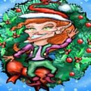 Christmas Elf With Wreath Art Print