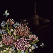 Chrysanthemums And Butterflies Glitter Temple Chinoiserie Art Print