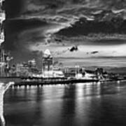 Cincy Skyline At Dawn From The Roebling Bridge - Black And White Art Print