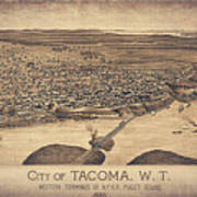 City Of Tacoma Vintage Map Birds Eye View 1885 Sepia Art Print