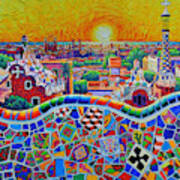 Colorful Barcelona Panorama Park Guell Magical Sunrise Impasto Knife Oil Painting Ana Maria Edulescu Art Print