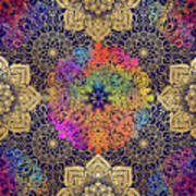 Colorful Gold Mandala Pattern In Black Background Art Print