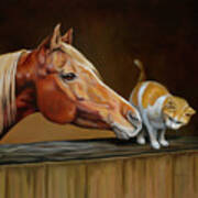 Confidante Chestnut Arabian Horse With Cat Art Print