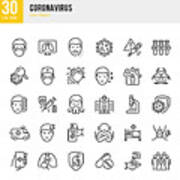 Coronavirus - Thin Line Vector Icon Set. Pixel Perfect. The Set Contains Icons: Coronavirus, Sneezing, Coughing, Doctor, Fever, Quarantine, Cold And Flu, Face Mask, Vaccination. Art Print