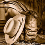 Cowboy Gear In Barn - Sepia Art Print