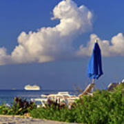 Cozumel Cruise Blues - Cruise Ship Off The Beach Of Cozumel Mexico With Blue Beach Umbrellas Art Print