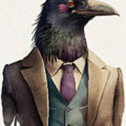 Crow In Suit Watercolor Hipster Animal Retro Costume Art Print