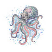 Cute Watercolor Octopus On A Splash Of Teal Blue Water Beach Art Art Print