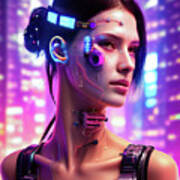 Cyberpunk Woman 01 Futuristic City Portrait Art Print