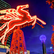 Dallas Flying Red Pegasus And Reunion Tower At Dusk Art Print