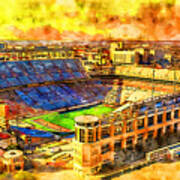 Darrell K Royal-texas Memorial Stadium In Austin At Sunset - Pen And Watercolor Art Print